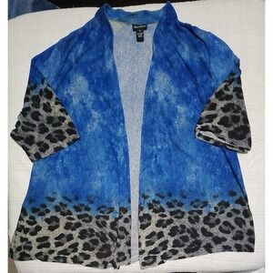 Maggie Barnes Cardigan Sweater Women 3X Blue Leopard 3/4 Sleeve Open Grandma
